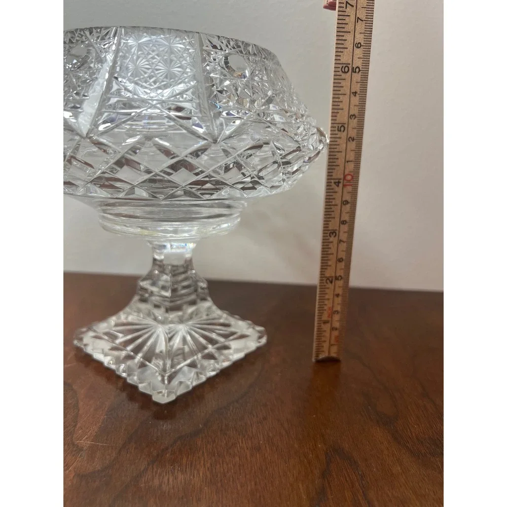 Vintage Cut‎ Crystal Glass Pedestal Compote  Vase ABP Style Hobstar 6.5